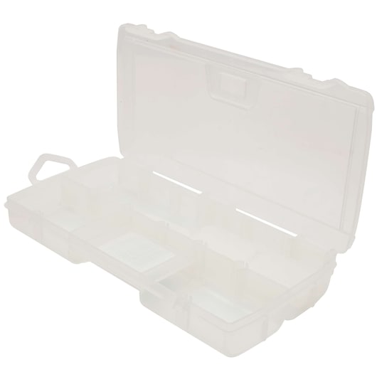 Profile of 11 compartment plastic organizer.