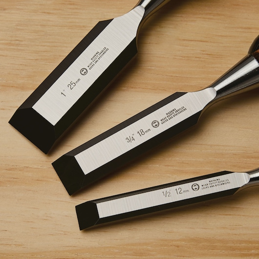 Sharp chisel blade feature of a 3 piece fat max thru-tang wood chisel.