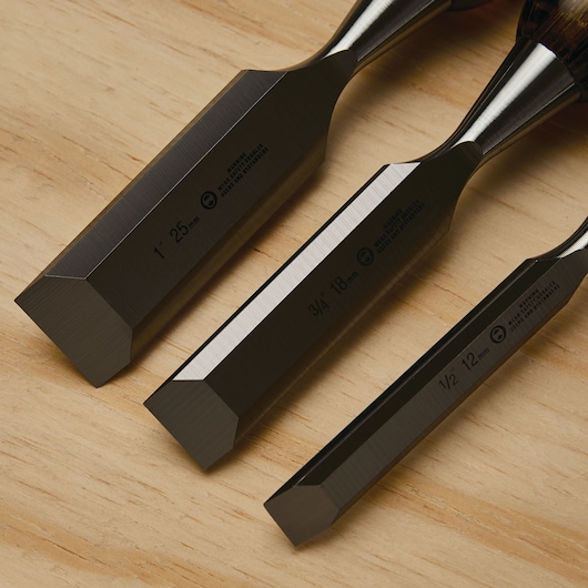Sharp chisel blade feature of a 3 piece fat max thru-tang wood chisel.