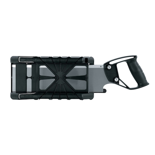 Profile of saw storage mitre box with saw .