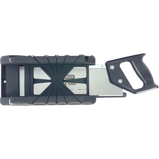 Left profile of saw storage mitre box with saw.