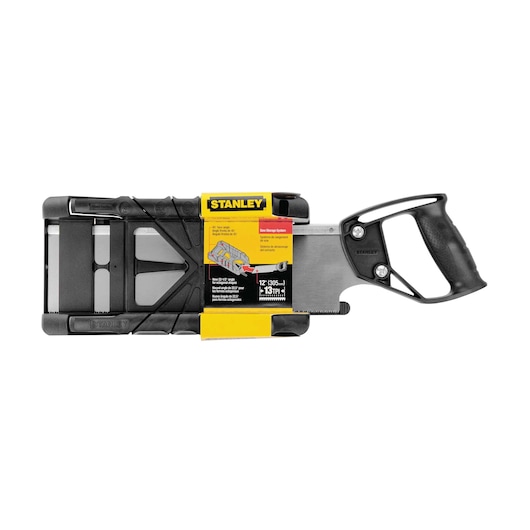 Saw storage mitre box with saw in packaging.