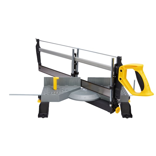 Right profile of adjustable angle clamping miter box with 22 inch saw.