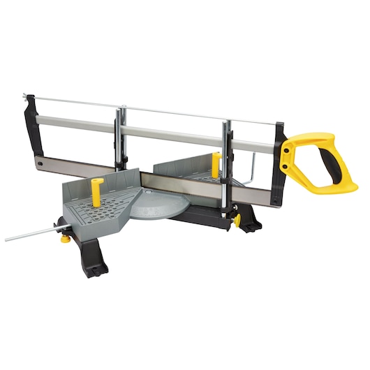 Profile of adjustable angle clamping miter box with 22 inch saw.