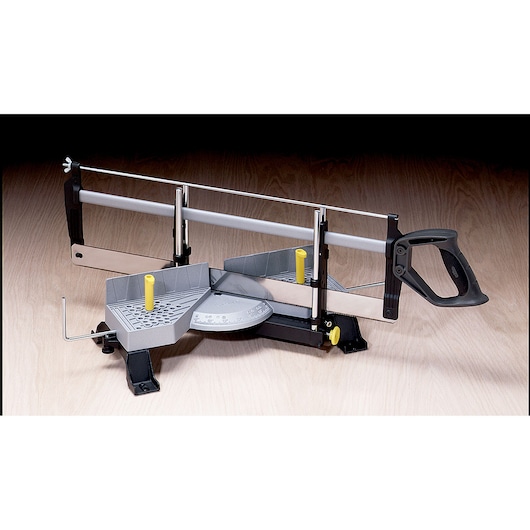 Right profile of adjustable angle clamping miter box with 22 inch saw.