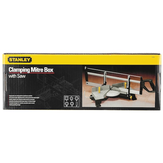 Adjustable angle clamping miter box with 22 inch saw in packaging.