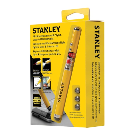 Multi function pen with stylus laser and L E D flash lighting packaging.