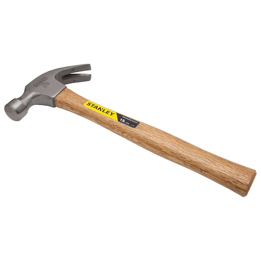 Front view of 13 ounces curved claw wood handle hammer.