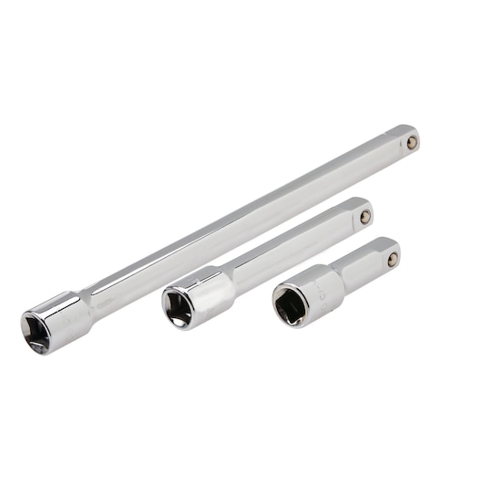 Diagonal view of Three piece half inch Extension Bar Set.