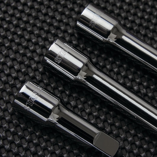 Close up of three piece half inch Extension Bar Set featuring 3 inch 6 inch and 10 inch Extensions.