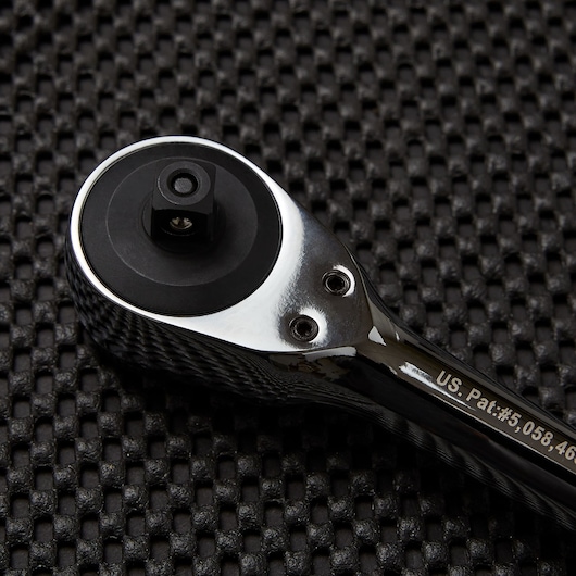 Easy to reach low profile quick release button feature of three eighths inch Drive Rotator Ratchet.