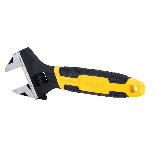 Diagonal view of 6 inch Adjustable Wrench with jaws open.