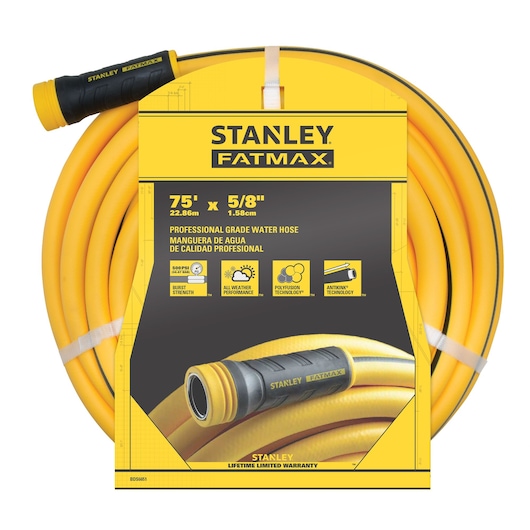 Yellow and black Stanley FATMAX 75-foot by 5/8-inch professional-grade hose, front-facing in packaging.