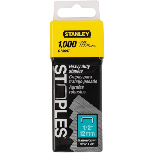 1000 piece half inch flat narrow crown staples in plastic case.