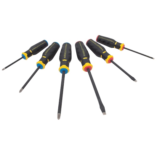 Profile of stanley fatmax simulated diamond tip 6 piece screwdriver set with standard and phillips.