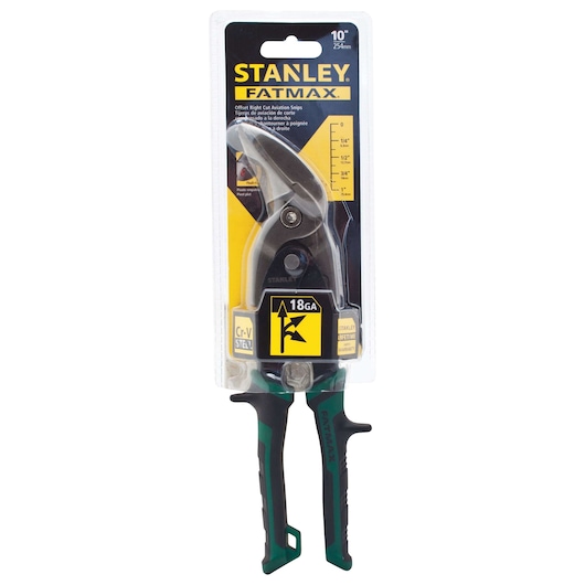 Fatmax offset right aviation snips in plastic packaging.