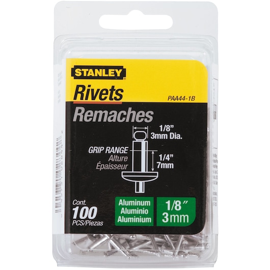 100 pack 1 eighth inch by 1 quarter inch aluminum rivets in plastic packaging.