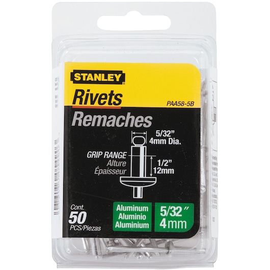 50 pack 5 thirty-seconds inch by 1 half inch aluminum rivets packed.