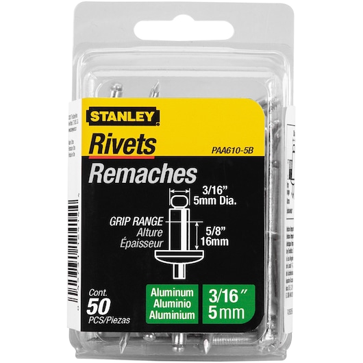 50 pack 3 sixteenths inch by 3 eighths inch aluminum rivets packed.