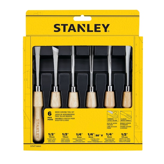 6 piece Wood Carving Tool Set in cardboard packaging.